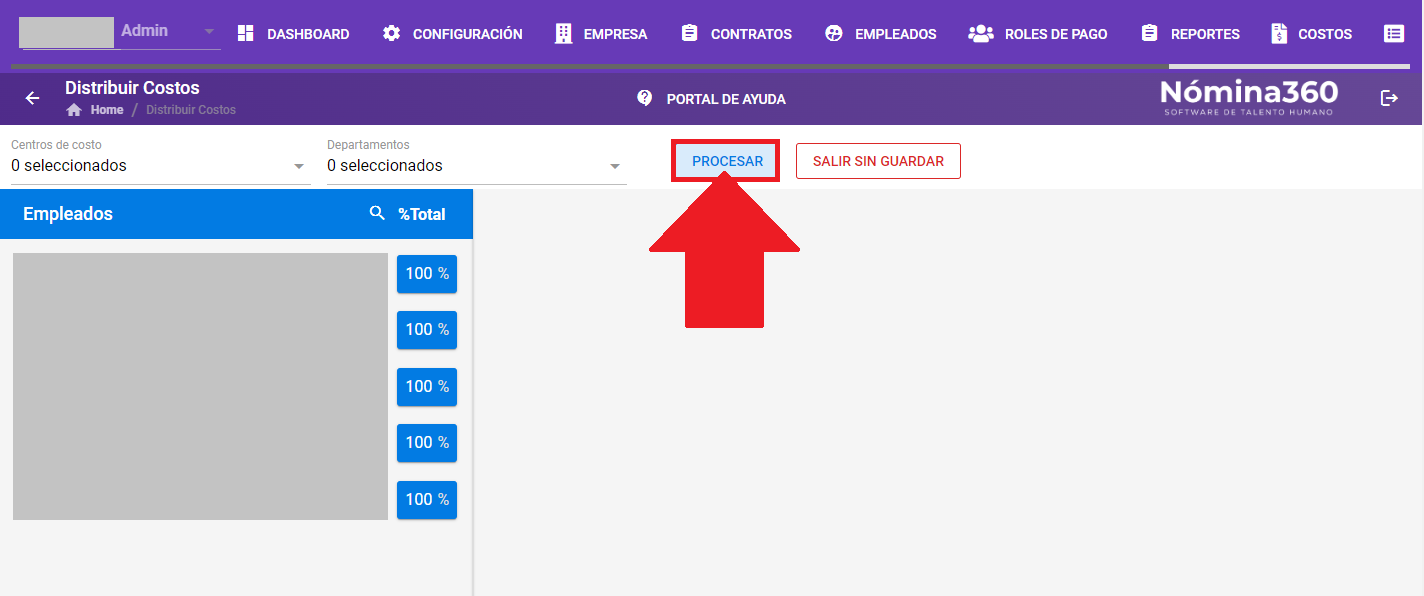 Botón Procesar para ejecutar la distribución de costos