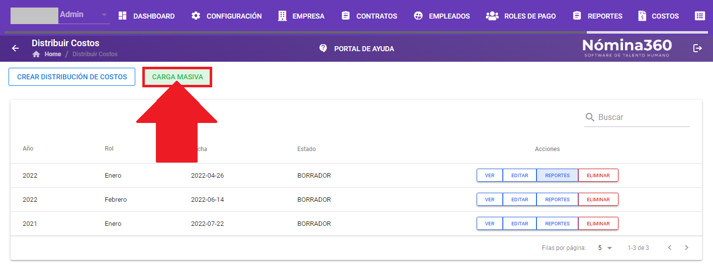 Botón Carga Masiva en la pantalla de distribución
