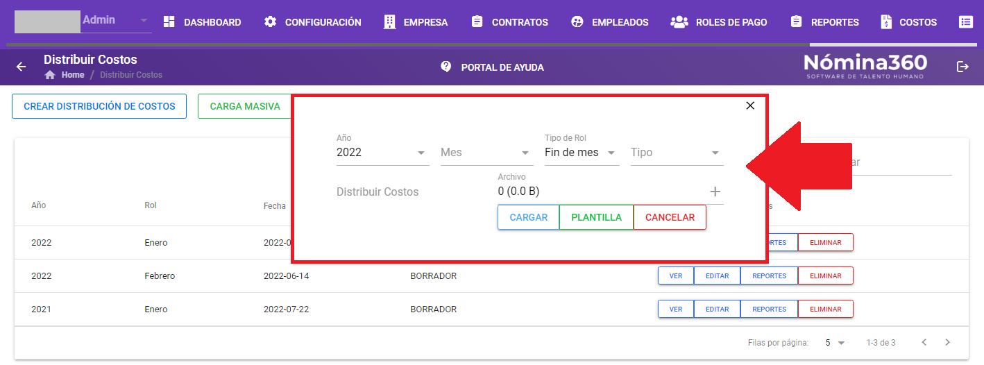 Formulario de carga masiva con los campos requeridos