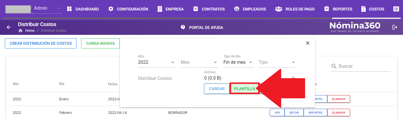 Botón PLANTILLA para descargar la plantilla de carga masiva