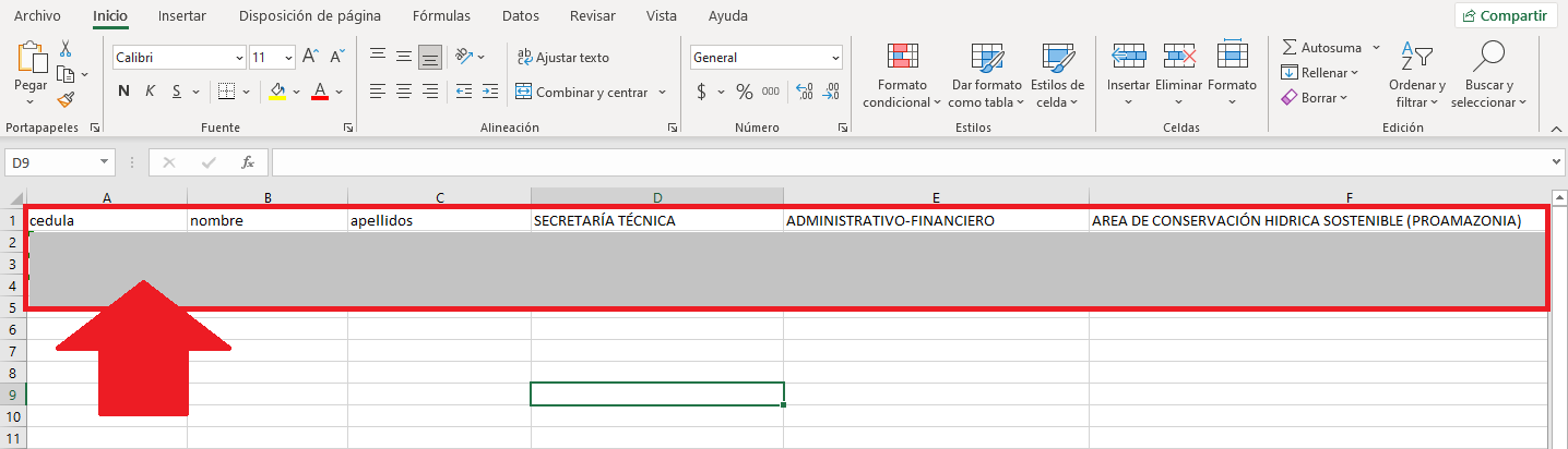 Plantilla Excel editada con los datos de distribución