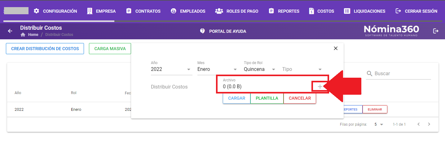 Botón + del campo Archivo para adjuntar la plantilla