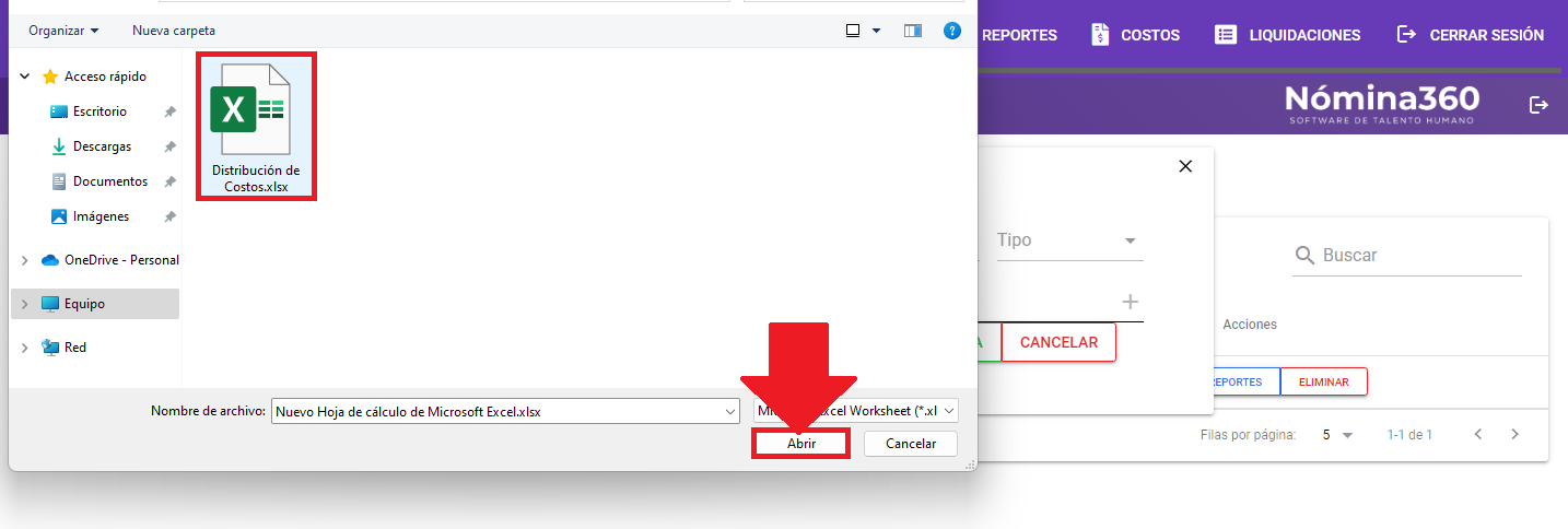 Selector de archivos para adjuntar la plantilla con el botón Abrir