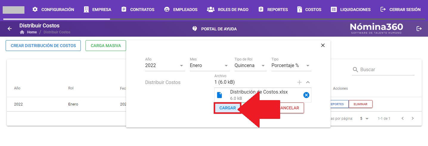 Botón Cargar para enviar el archivo de distribución
