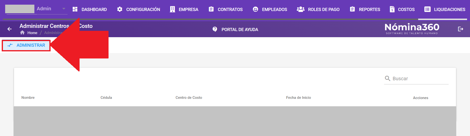 Botón Administrar en la pantalla de centros de costo