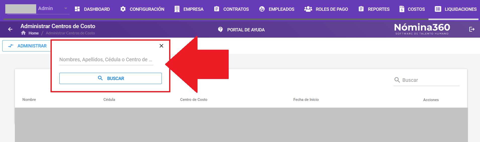 Cuadro de búsqueda en Administrar Centros de Costo