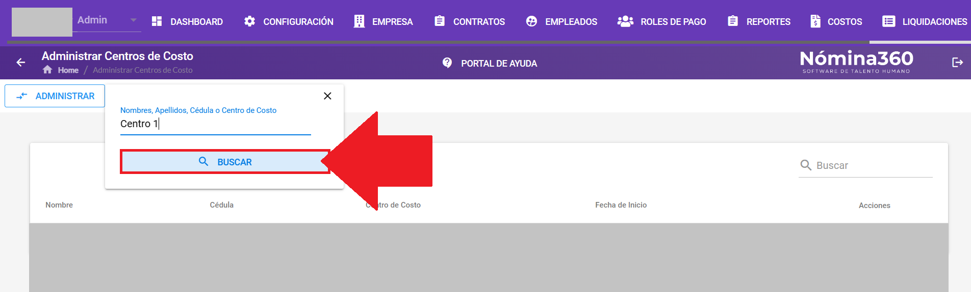 Botón BUSCAR en la pantalla de centros de costo