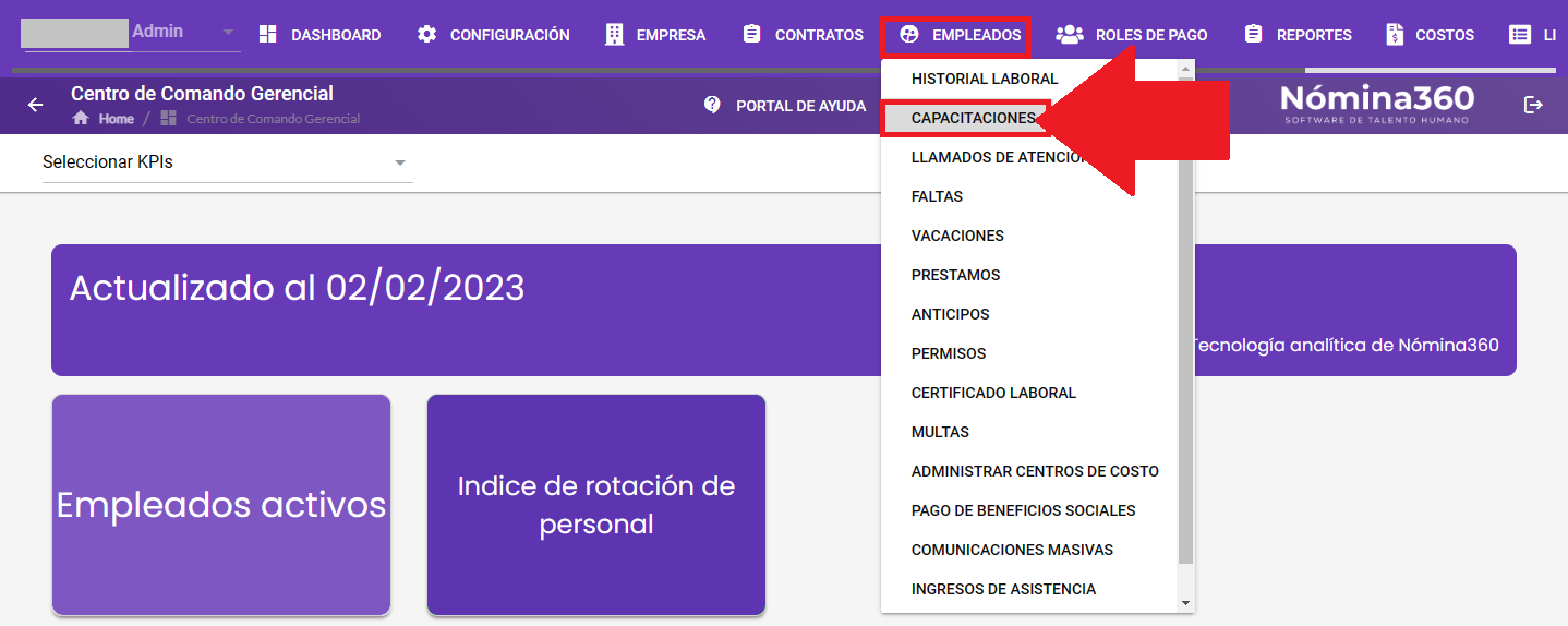 Menú Empleados con la opción Capacitaciones