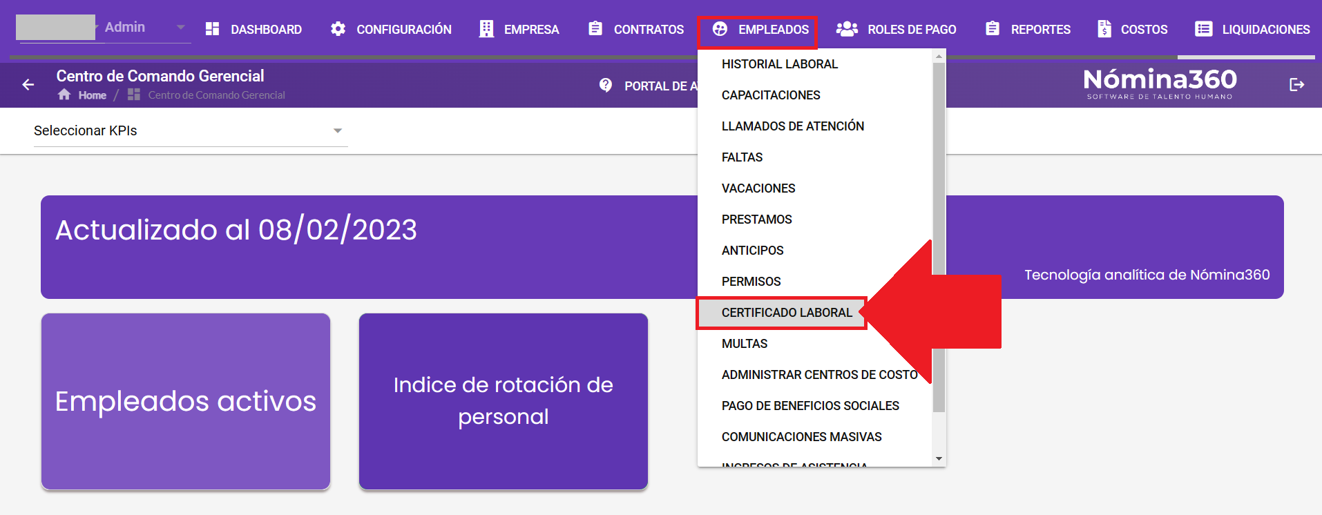 Menú Empleados con la opción Certificado Laboral