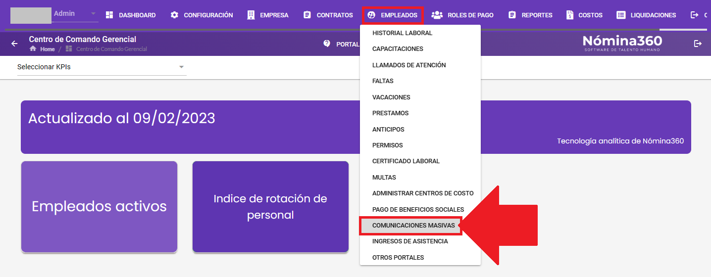 Menú Empleados con la opción Comunicaciones Masivas