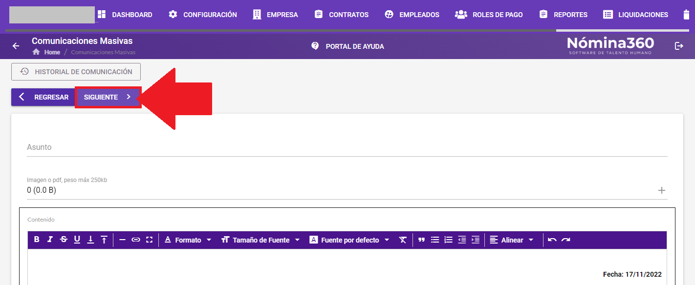 Botón Siguiente en el flujo del comunicado