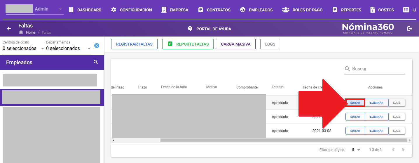 Acción Editar junto a una falta del empleado