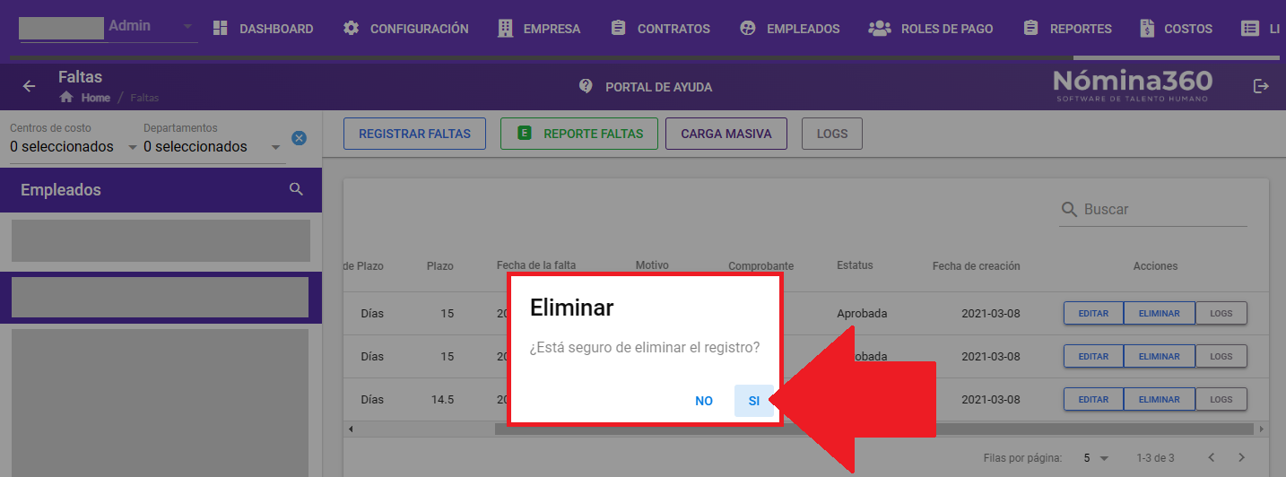 Cuadro de confirmación de eliminación de falta