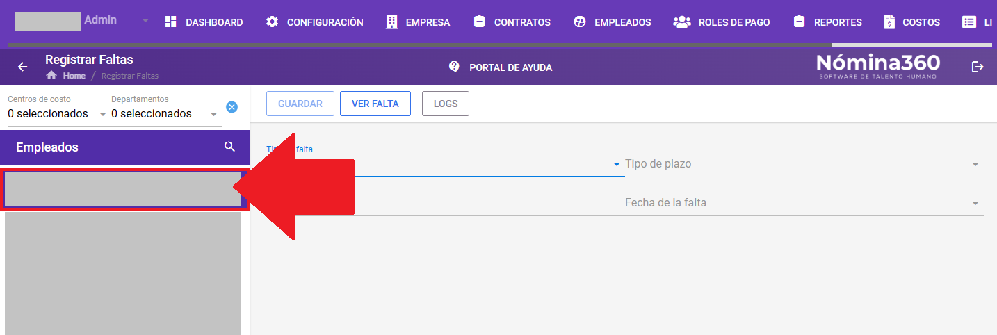 Listado de empleados para seleccionar al que se le registrará la falta