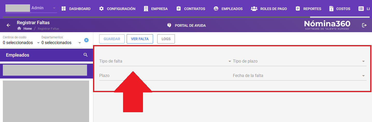 Formulario de registro de falta con los campos a completar