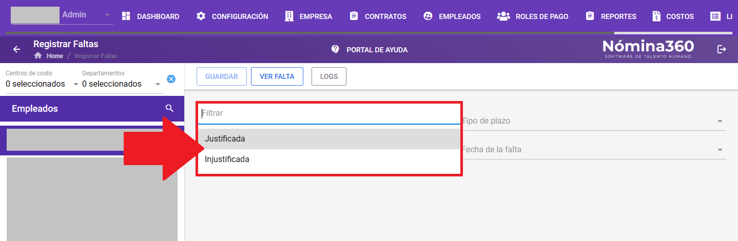 Selector Tipo de Falta con las opciones Justificada e Injustificada