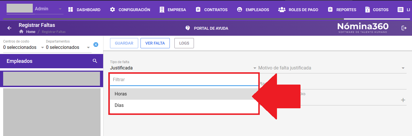 Selector del tipo de plazo de la falta en días o en horas
