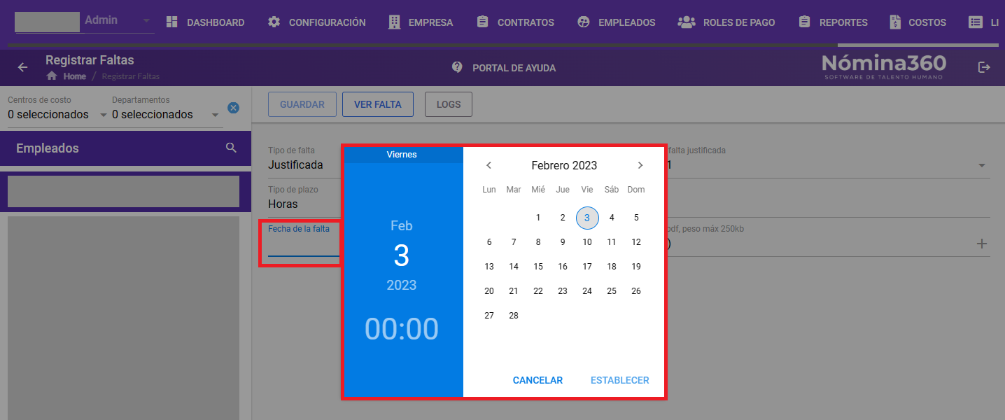 Campo de ingreso de la fecha de la falta