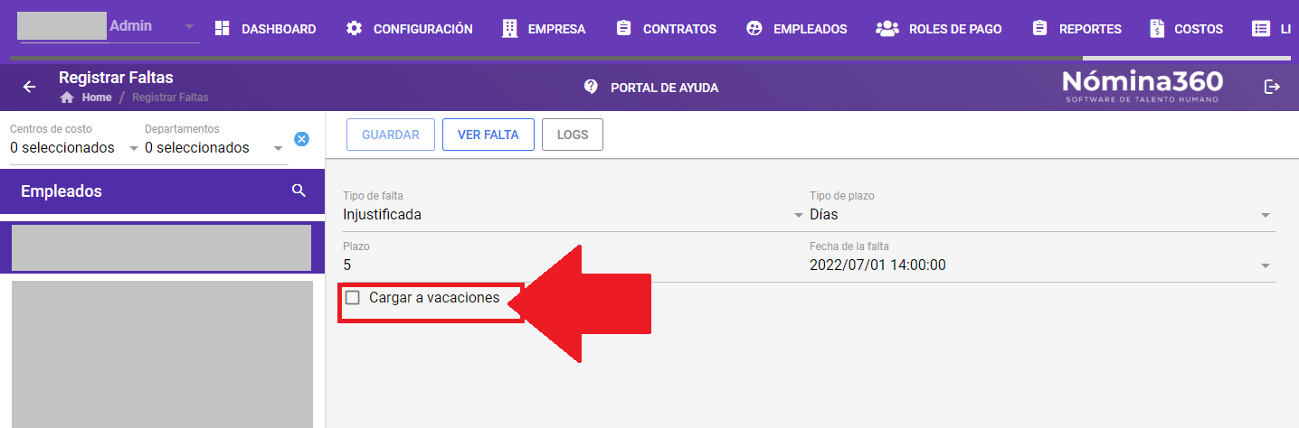 Opción Cargar a Vacaciones activada en el formulario de falta