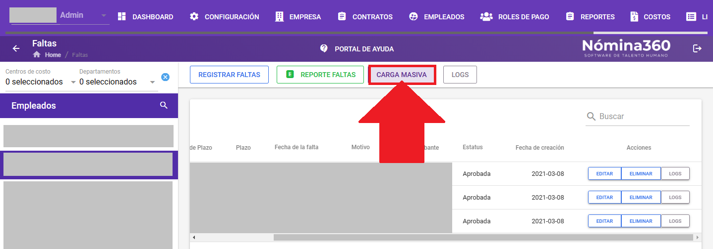 Opción Carga masiva en la pantalla de faltas