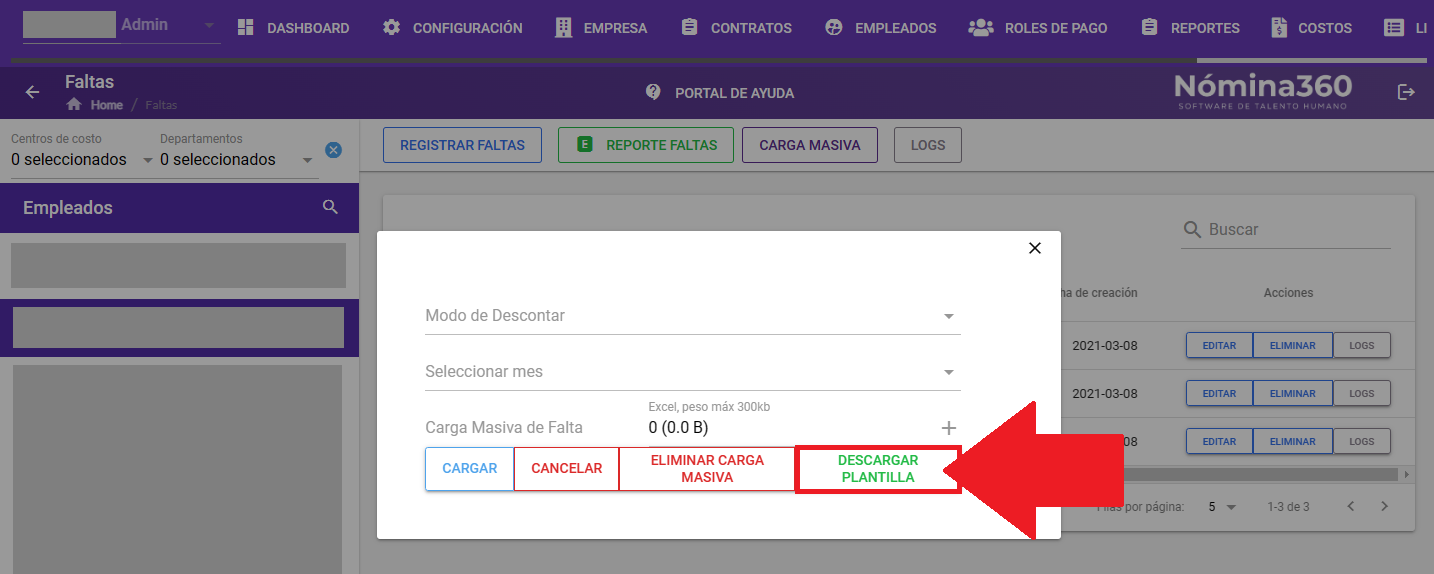 Botón Descargar plantilla en la ventana de carga masiva