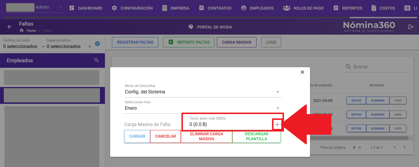 Botón + del campo Archivo para subir la plantilla completada