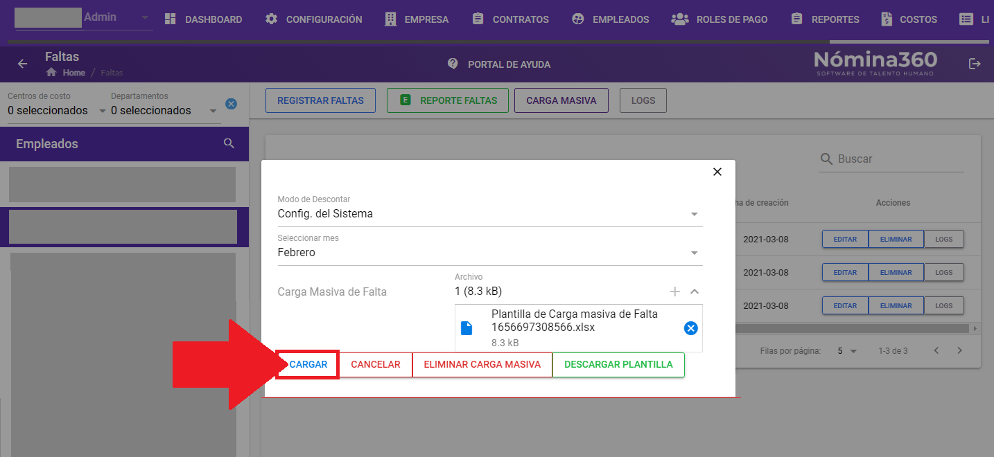 Botón Cargar para procesar la carga masiva de faltas