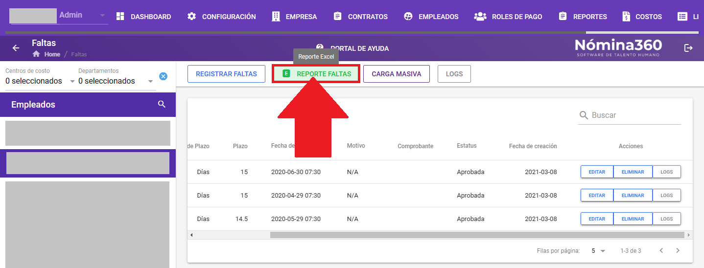 Botón Reporte Faltas en la pantalla de faltas