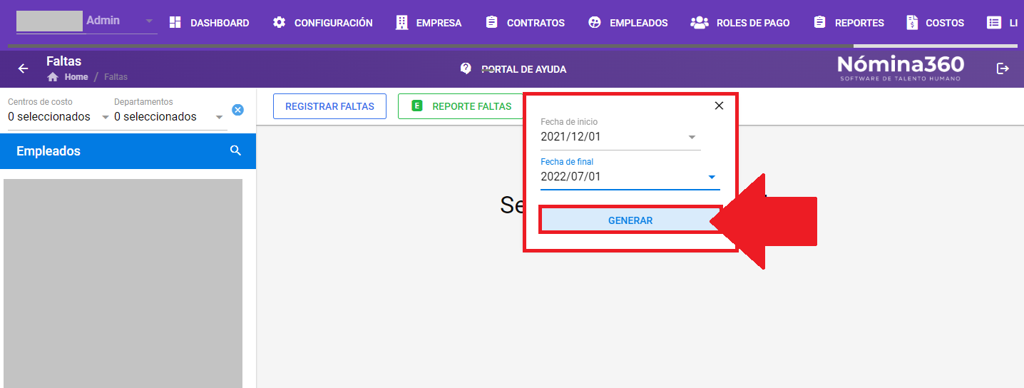Formulario con fechas de inicio y final para generar el reporte