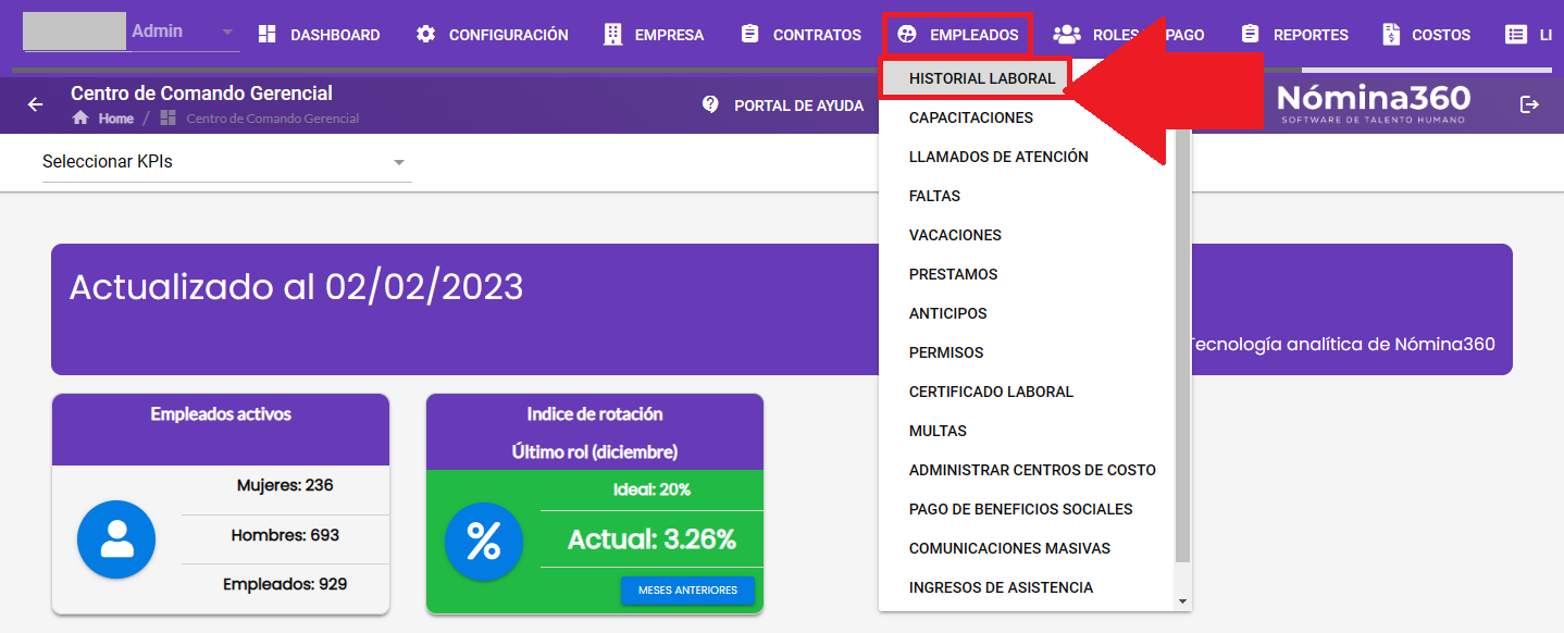Menú Empleado con la opción Historial Laboral