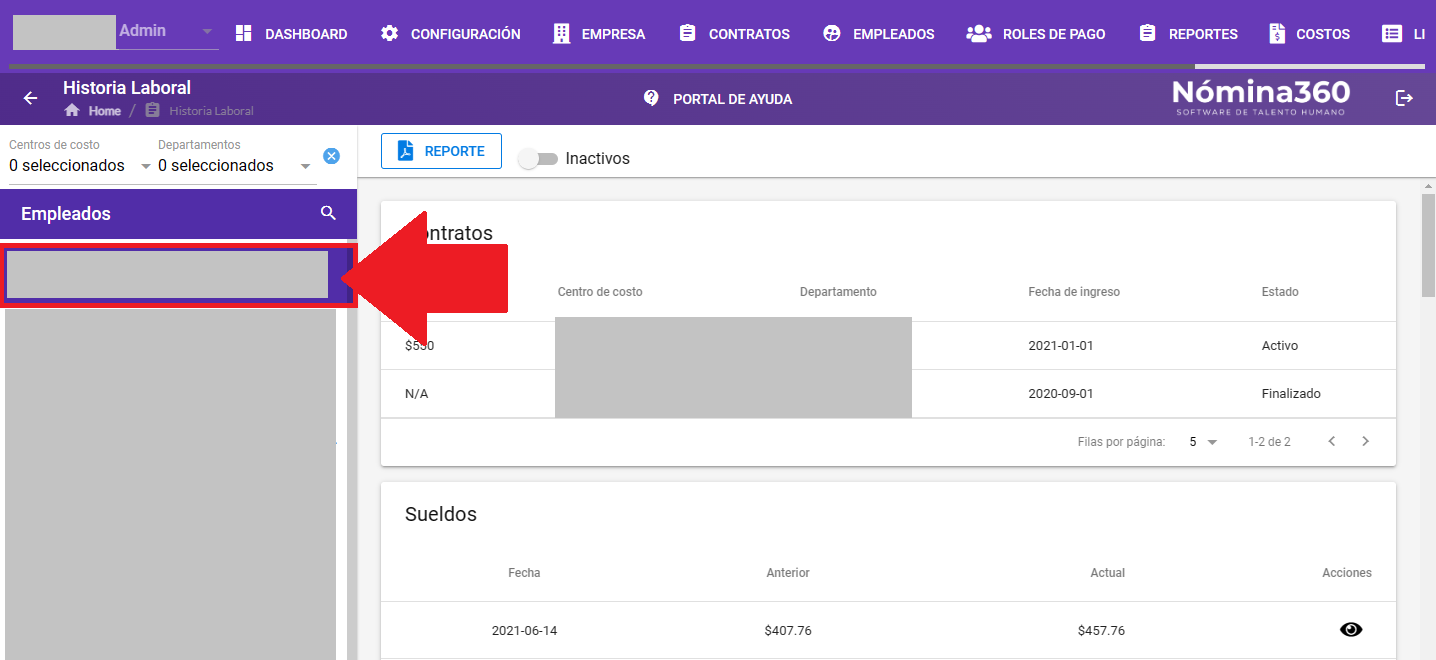 Pantalla de selección de empleado para consultar el historial laboral