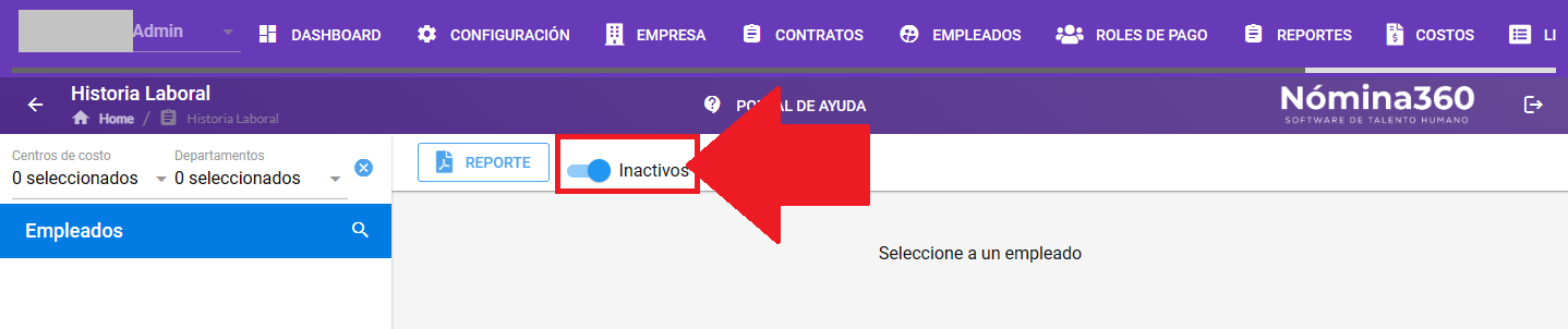 Filtro Inactivos habilitado en la pantalla de historial laboral