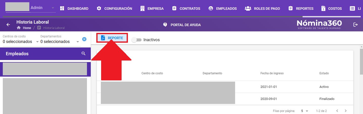 Botón Reporte en la pantalla de historial laboral