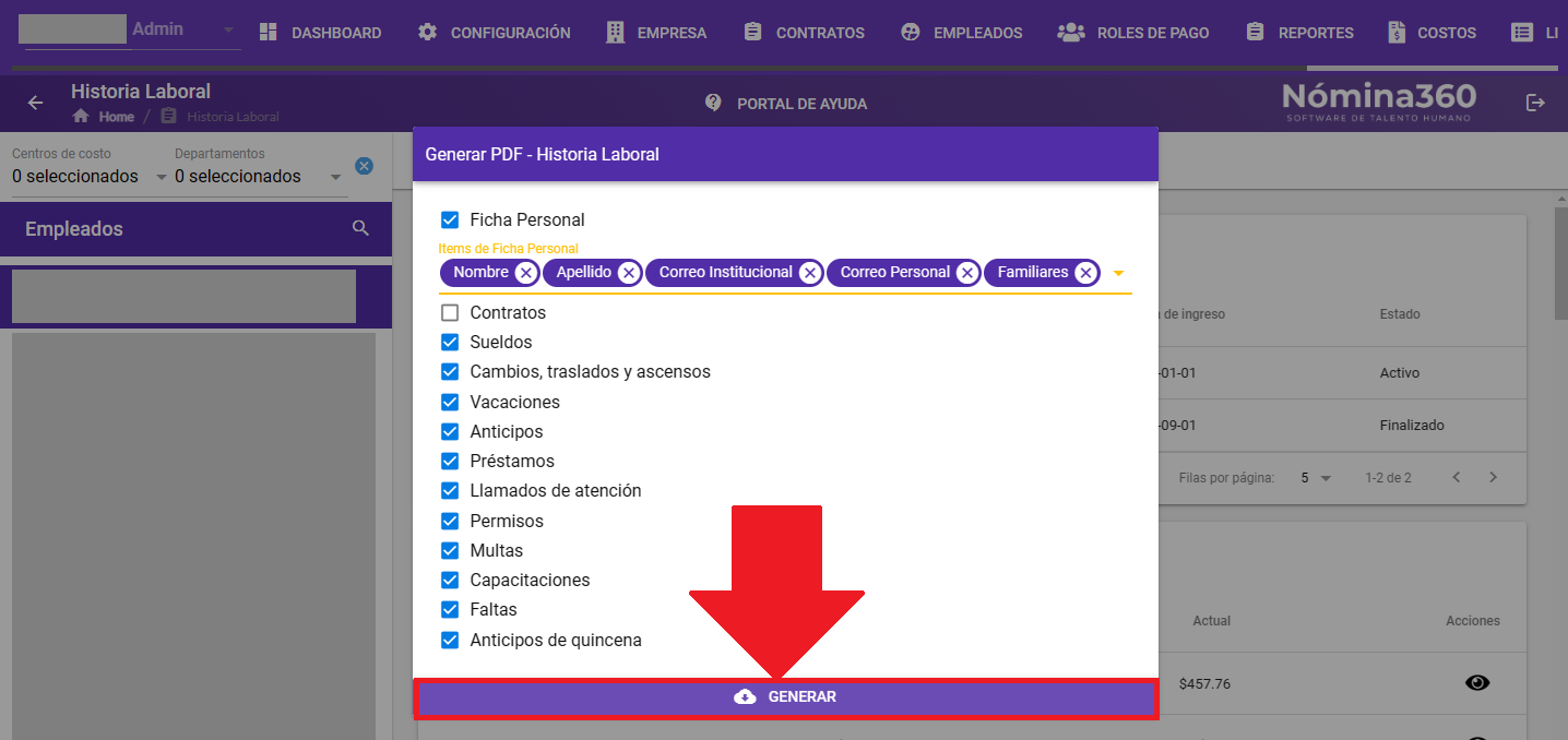 Selección de campos del reporte de historial laboral