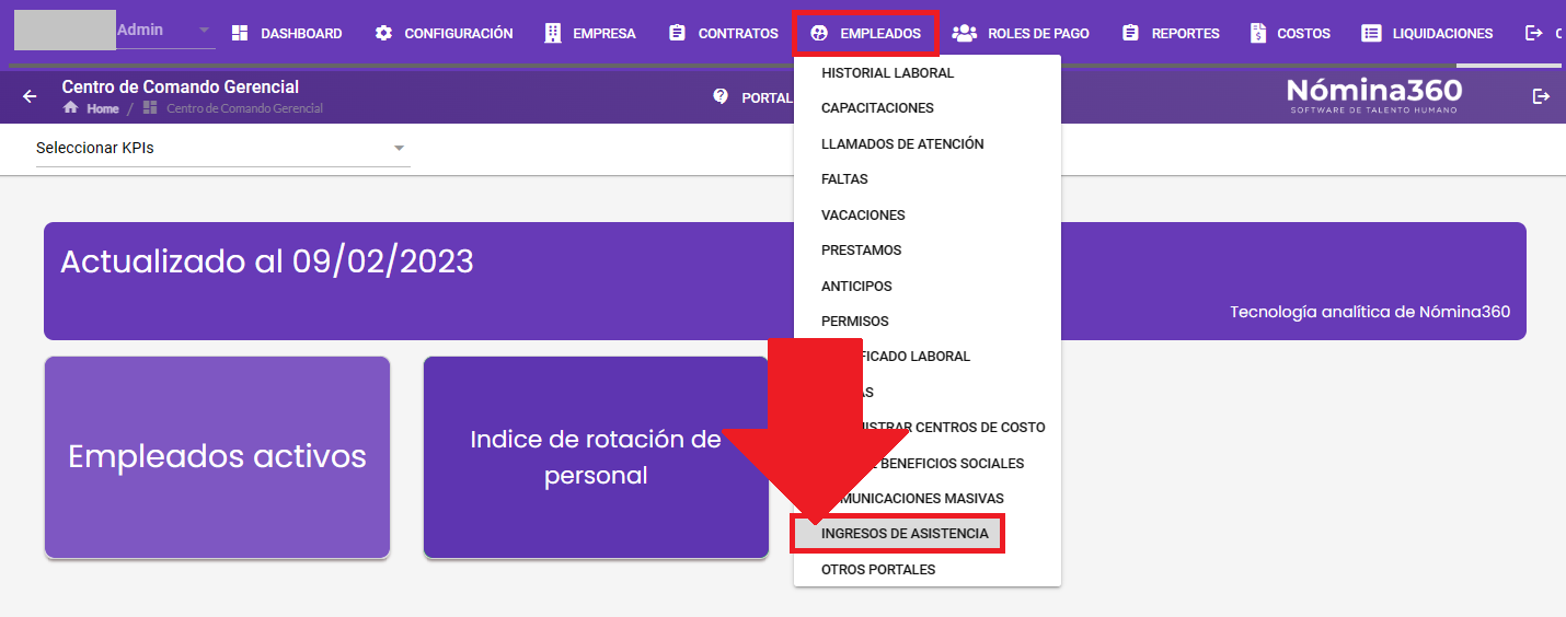 Menú Empleados con la opción Ingresos de Asistencia