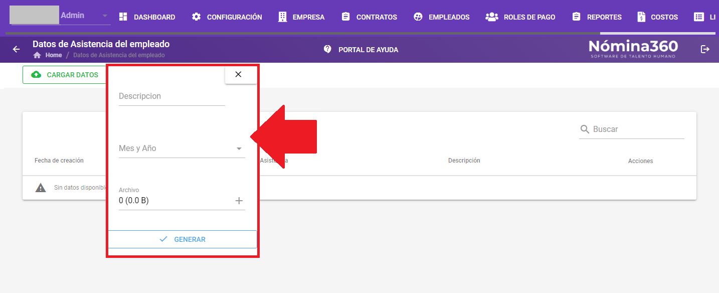 Formulario con descripción, mes y año, y el botón + para cargar archivo