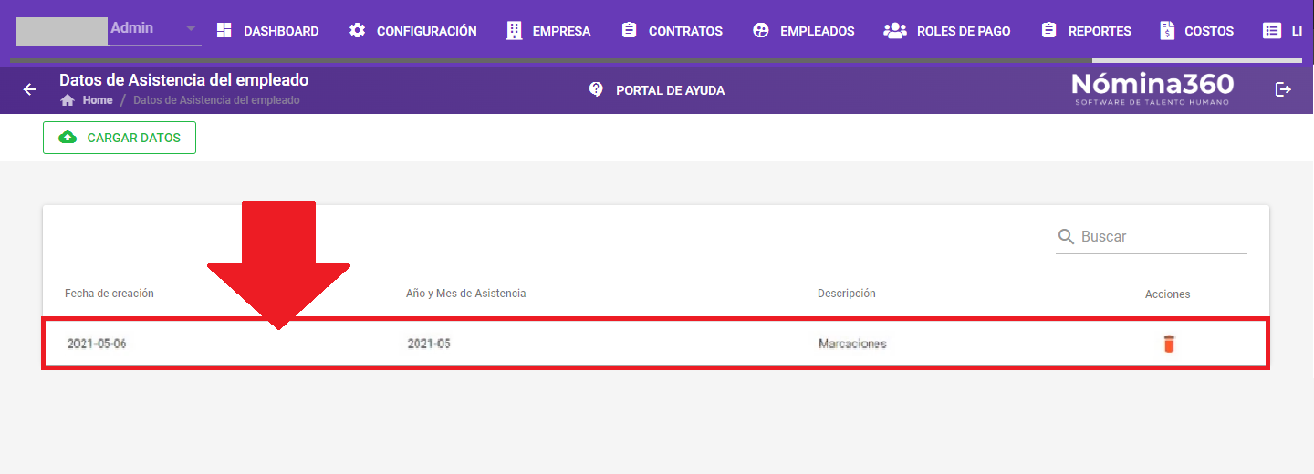 Pantalla de confirmación con el archivo de asistencias cargado