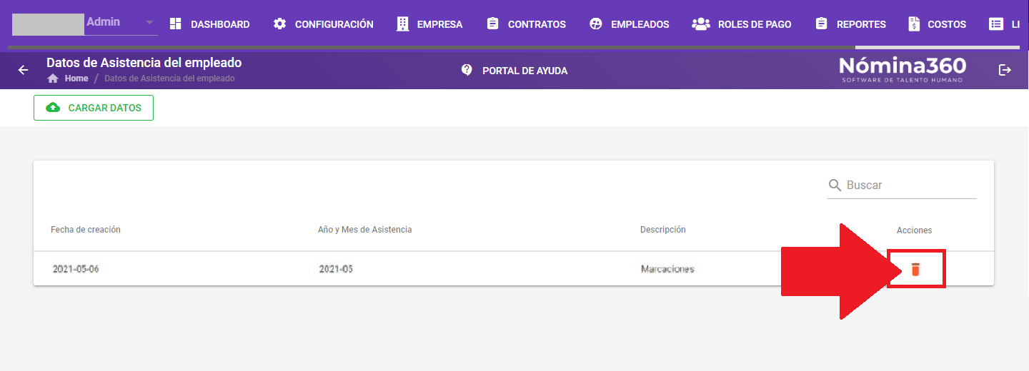 Botón Eliminar en un archivo de asistencias cargado