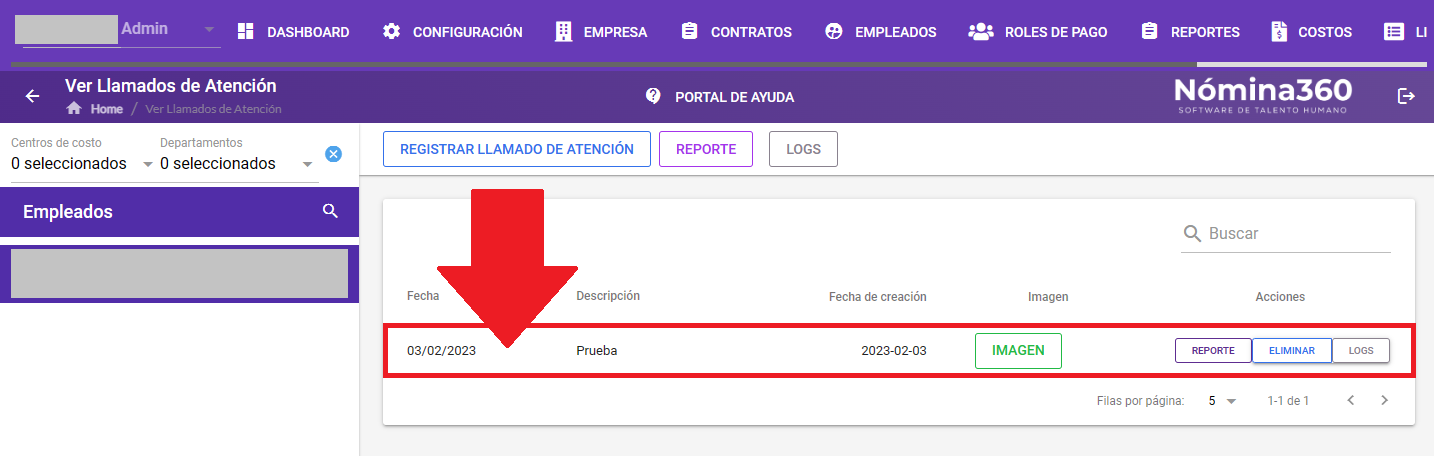 Listado de llamados de atención con un empleado seleccionado