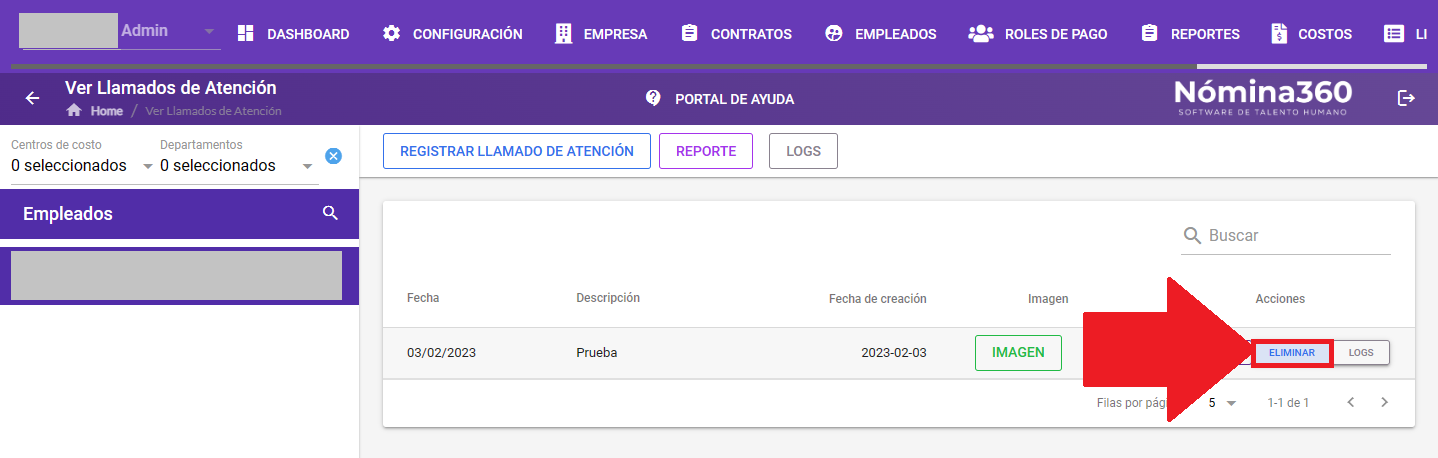 Acción Eliminar junto a un llamado de atención