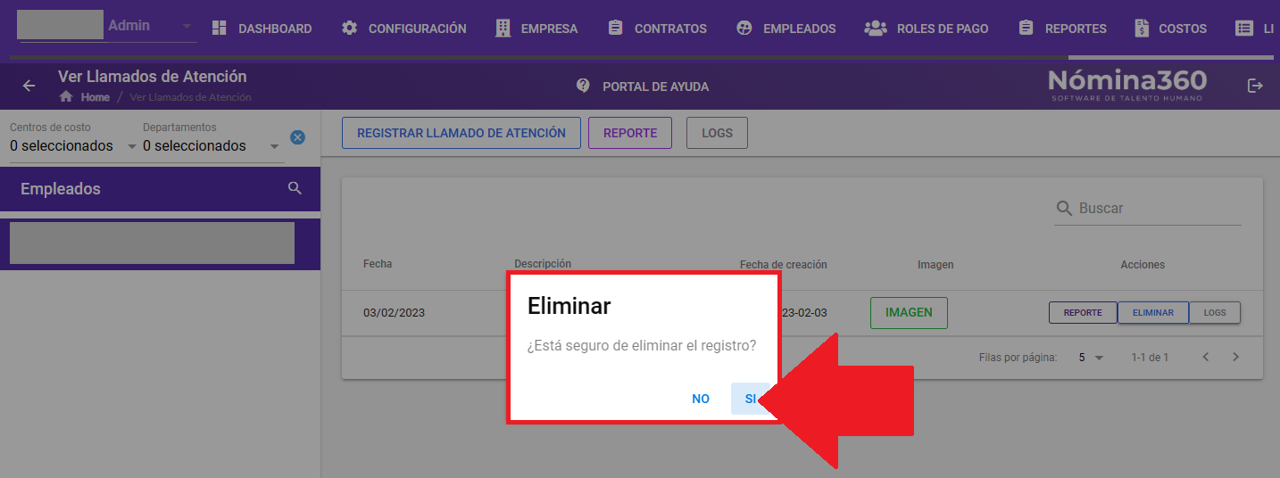 Cuadro de confirmación de eliminación de un llamado de atención