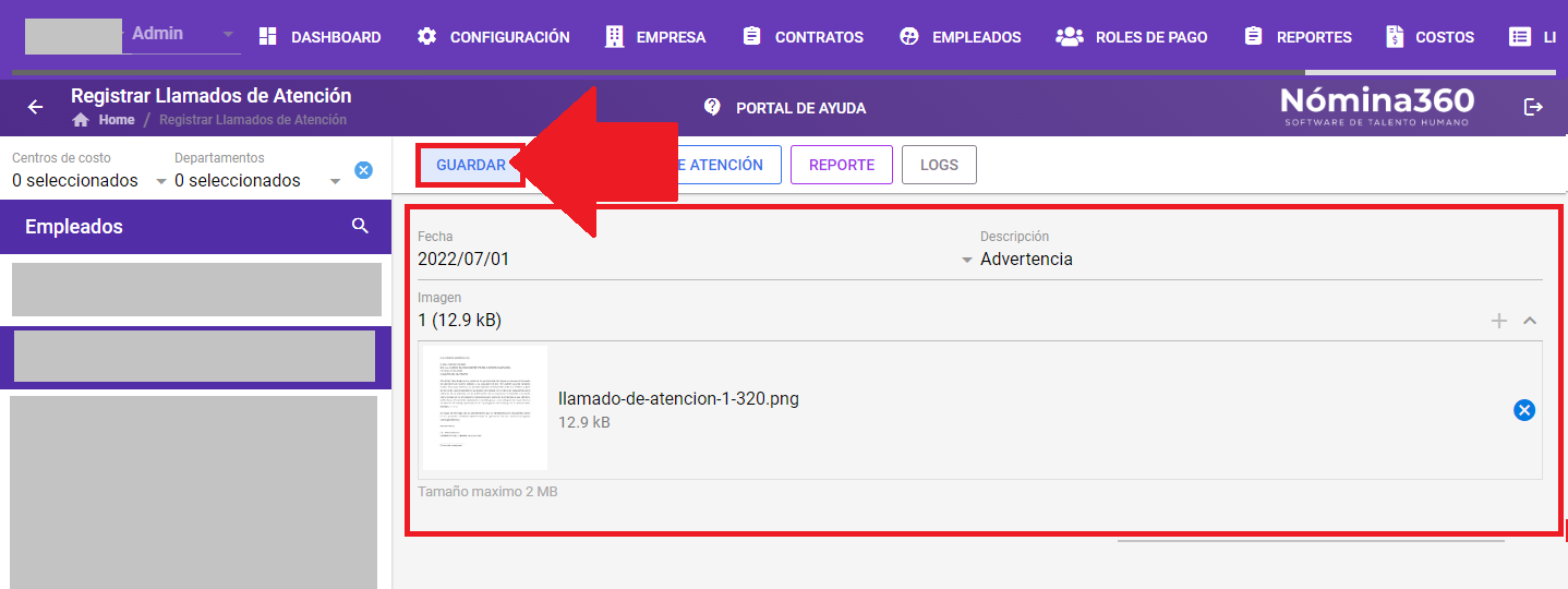 Formulario con los datos del llamado de atención