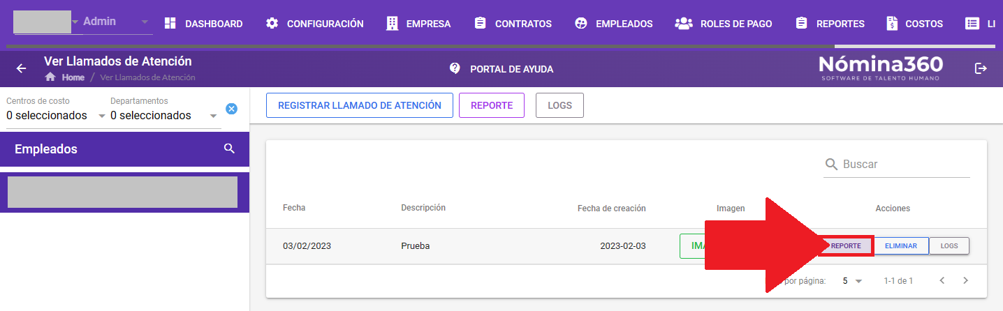 Botón Reporte para descargar los llamados de atención del empleado