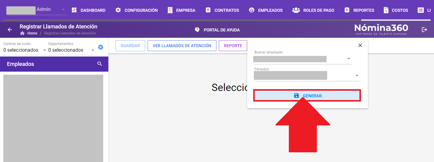 Formulario de generación del reporte con empleado y período