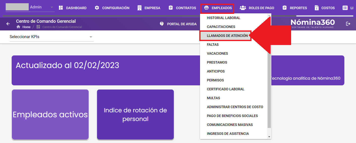 Menú Empleados con la opción Llamados de atención