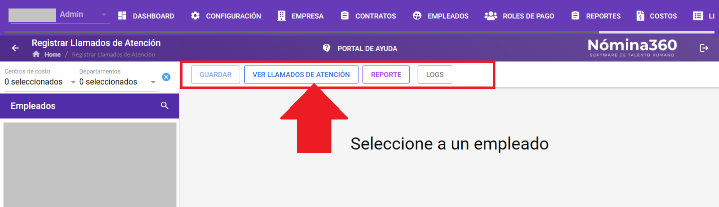 Pantalla principal de llamados de atención con las acciones disponibles