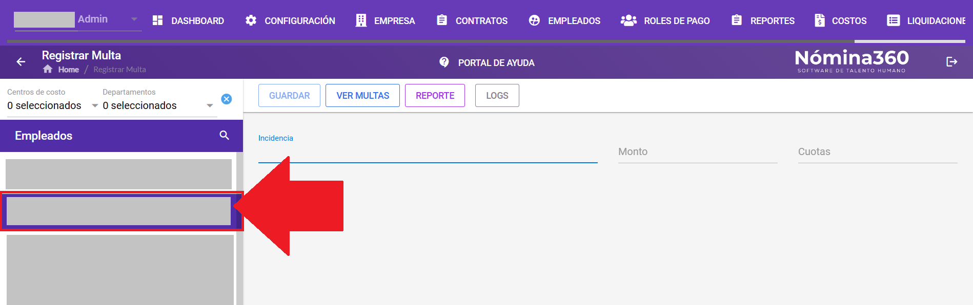 Listado de empleados para seleccionar al que se le registrará la multa
