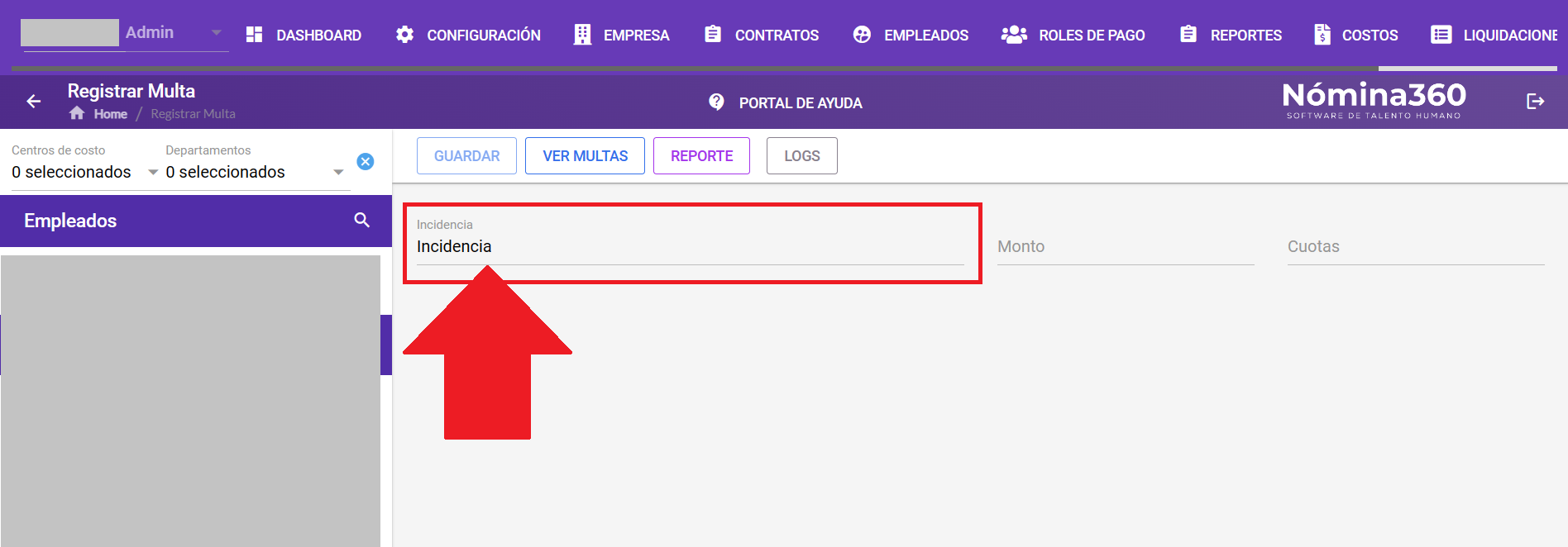 Campo Incidencia en el formulario de multa