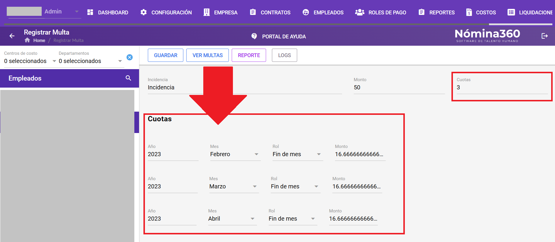 Campos para definir el número de cuotas y su forma de cancelación