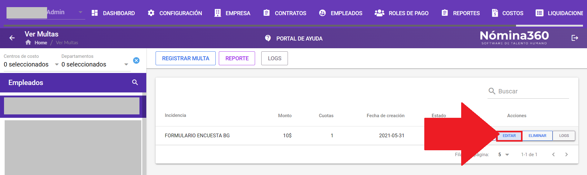 Acción Editar junto a una multa del empleado